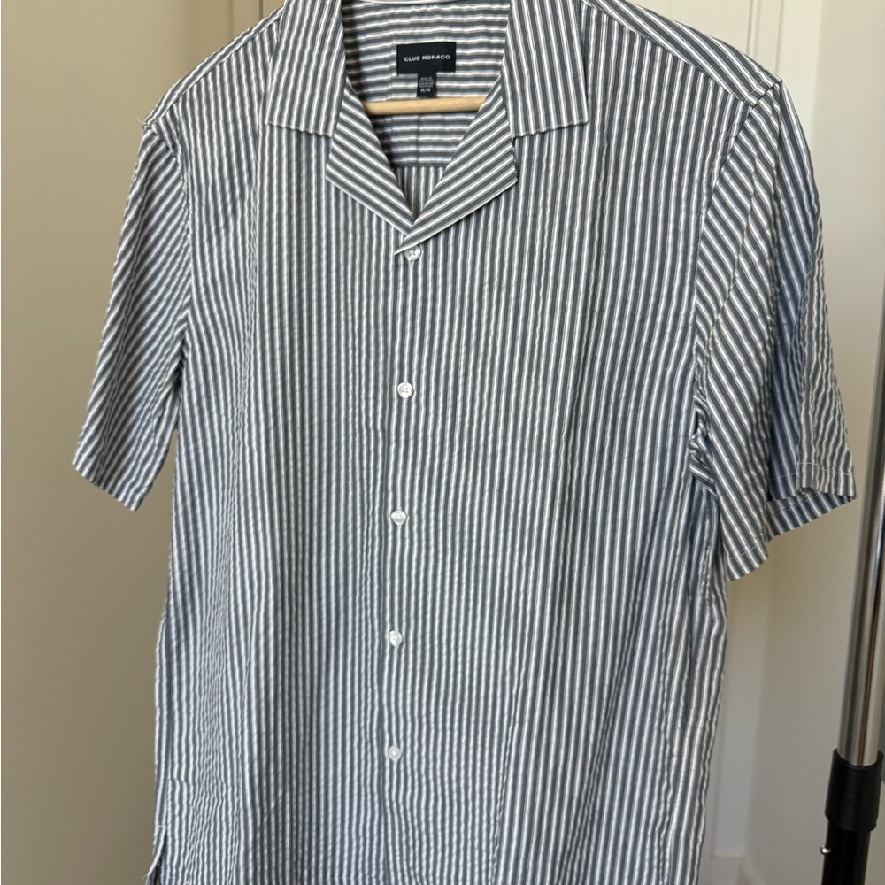 Club Monaco Gray and White Striped Lyocell Casual Shirt